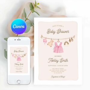Baby Clothes Invitation, Baby Clothes Clothesline Boho Girl Baby Shower Invitation