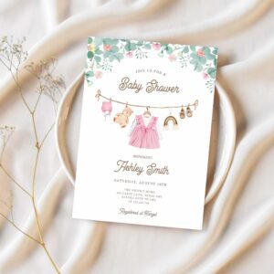 Baby clothes clothesline boho girl baby shower invitation o72z 1