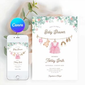 Baby Clothes Invitation, Baby Clothes Clothesline Boho Girl Baby Shower Invitation