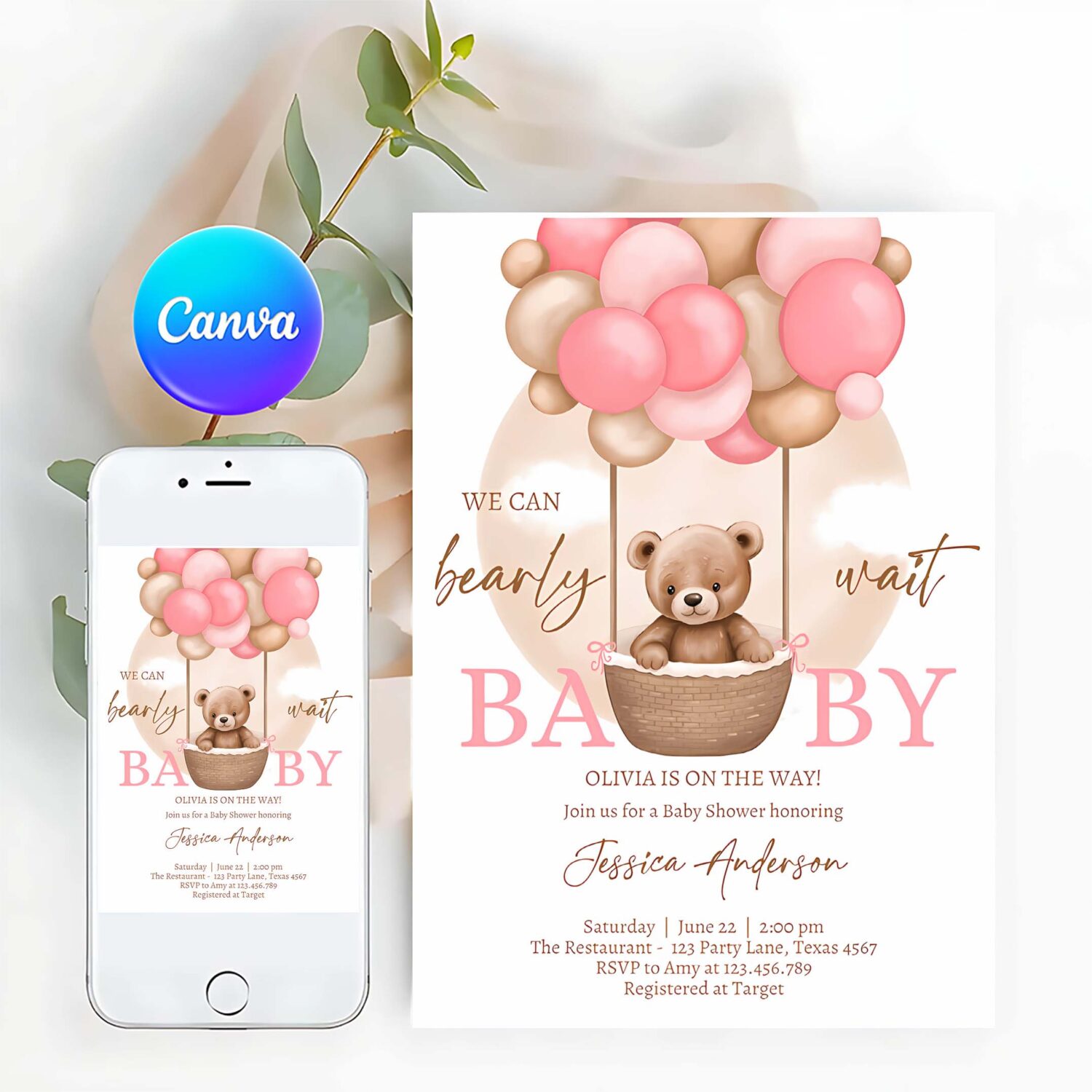 Bear balloon baby shower invitation we can bearly wait baby shower invite