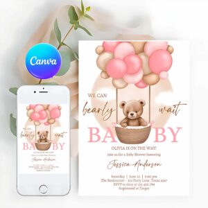 We Can Bearly Wait Invitation, Bear Balloon Baby Shower Invitation, We Can Bearly Wait Baby Shower Invite