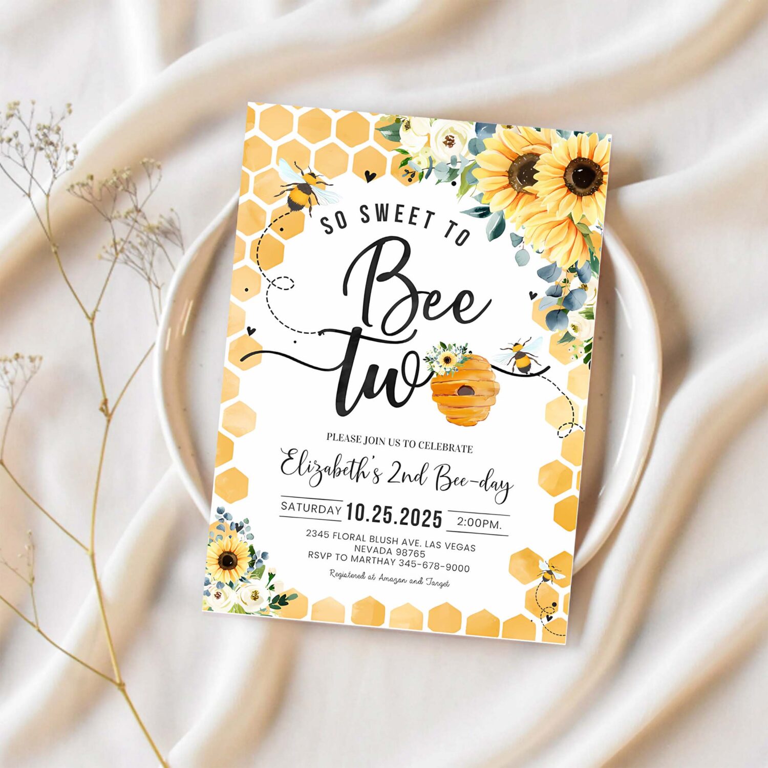 Bee birthday invitation honey bee birthday party bee 2nd birthday so sweet to bee two party bee day 1st birthday 1