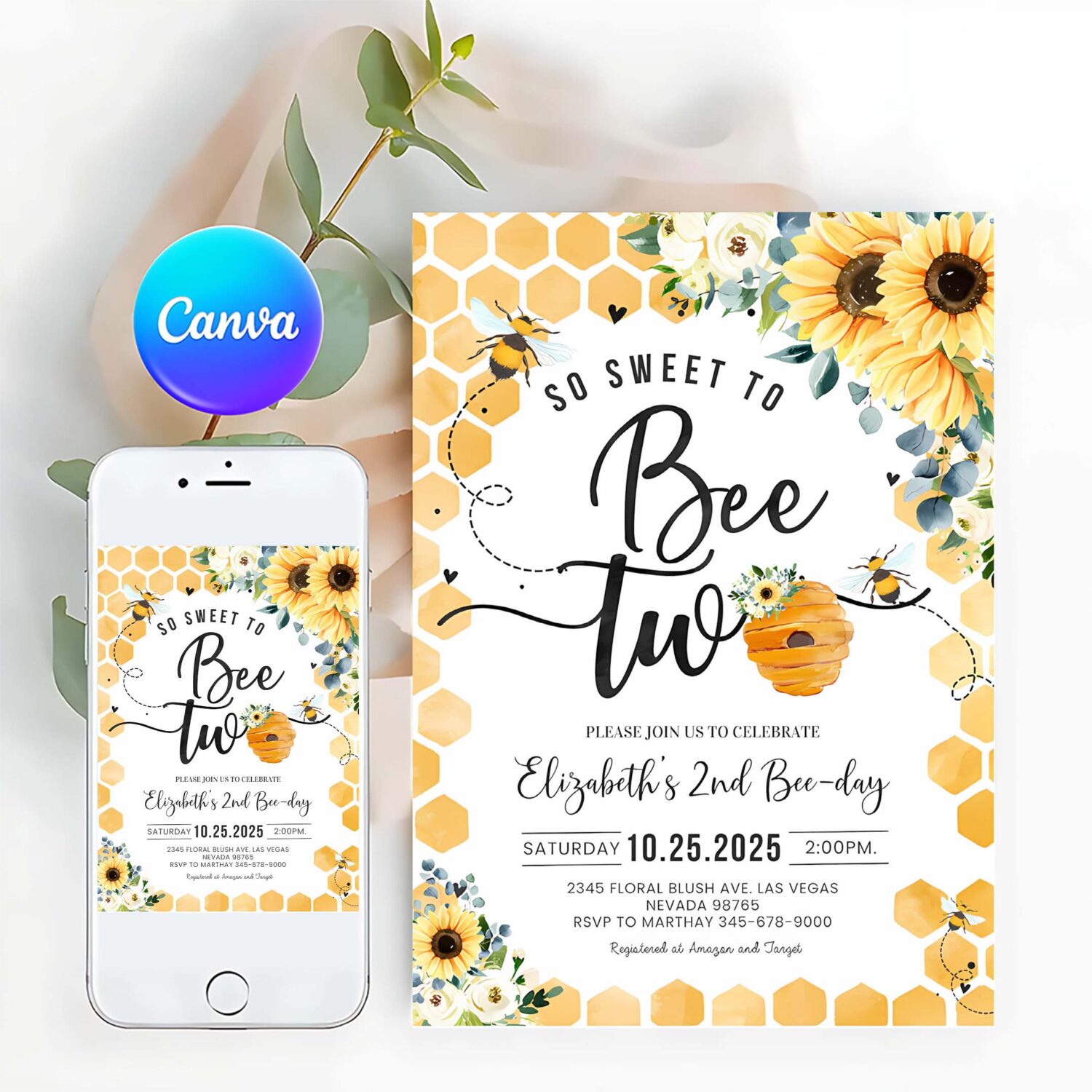 Bee birthday invitation honey bee birthday party bee 2nd birthday so sweet to bee two party bee day 1st birthday