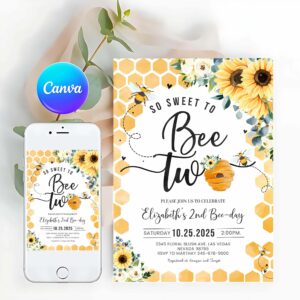 Bee Invitation, Bee Birthday Invitation Honey Bee Birthday Party Bee 2nd Birthday So Sweet To Bee Two Party Bee-Day 1st Birthday