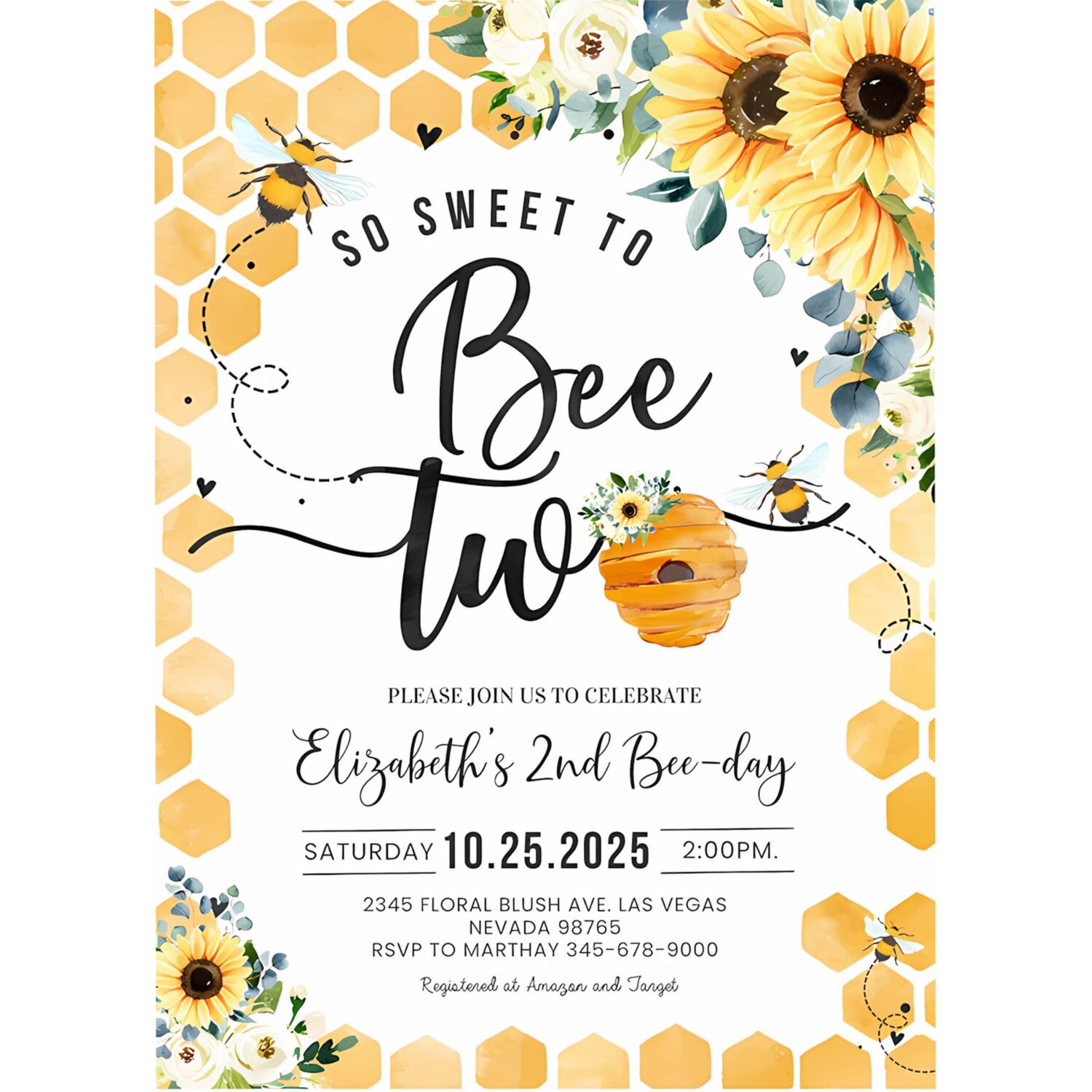 Bee birthday invitation honey bee birthday party bee 2nd birthday so sweet to bee two party bee day 1st birthday 4