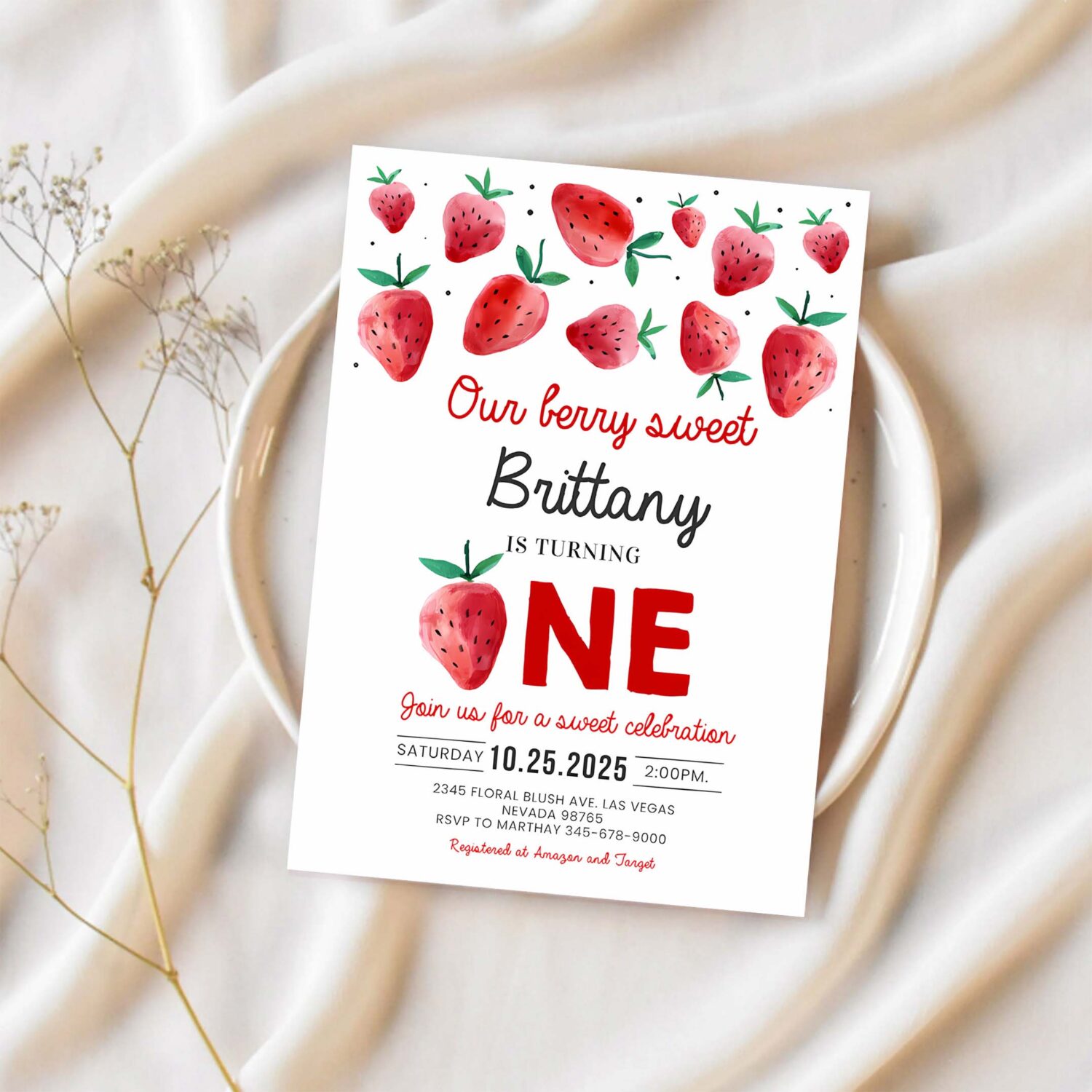 Berry first birthday invitation editable modern strawberry invitation strawberry birthday 1