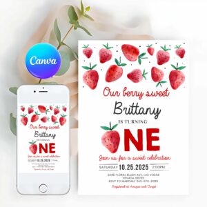 Berry First Invitation, Berry First Birthday Invitation Modern Strawberry Invitation Strawberry Birthday