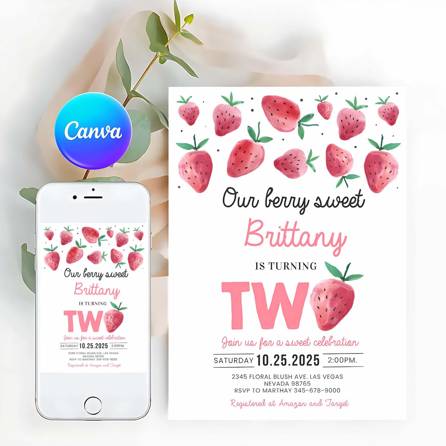 Berry sweet 2nd birthday invitation editable strawberry birthday party invite berry 2nd birthday girl