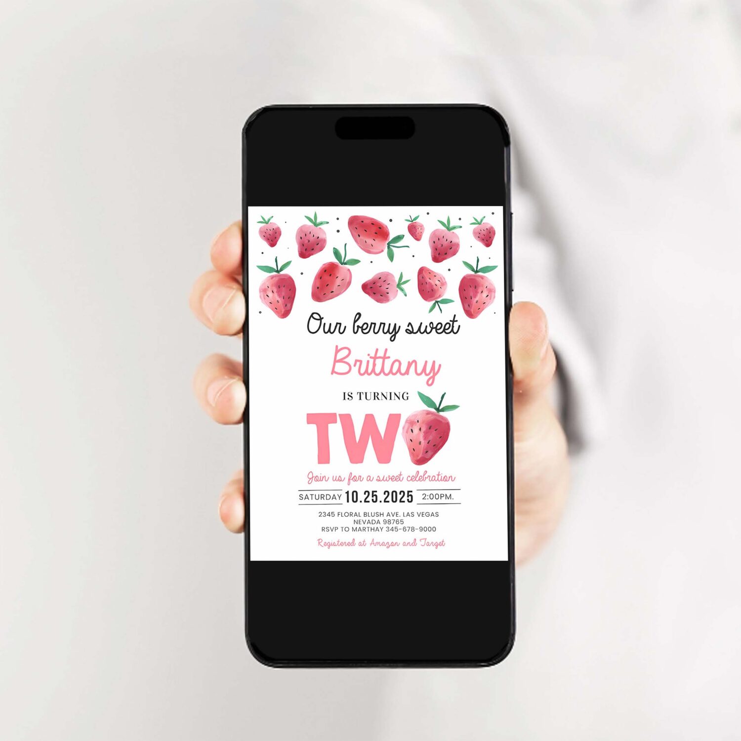 Berry sweet 2nd birthday invitation editable strawberry birthday party invite berry 2nd birthday girl 2
