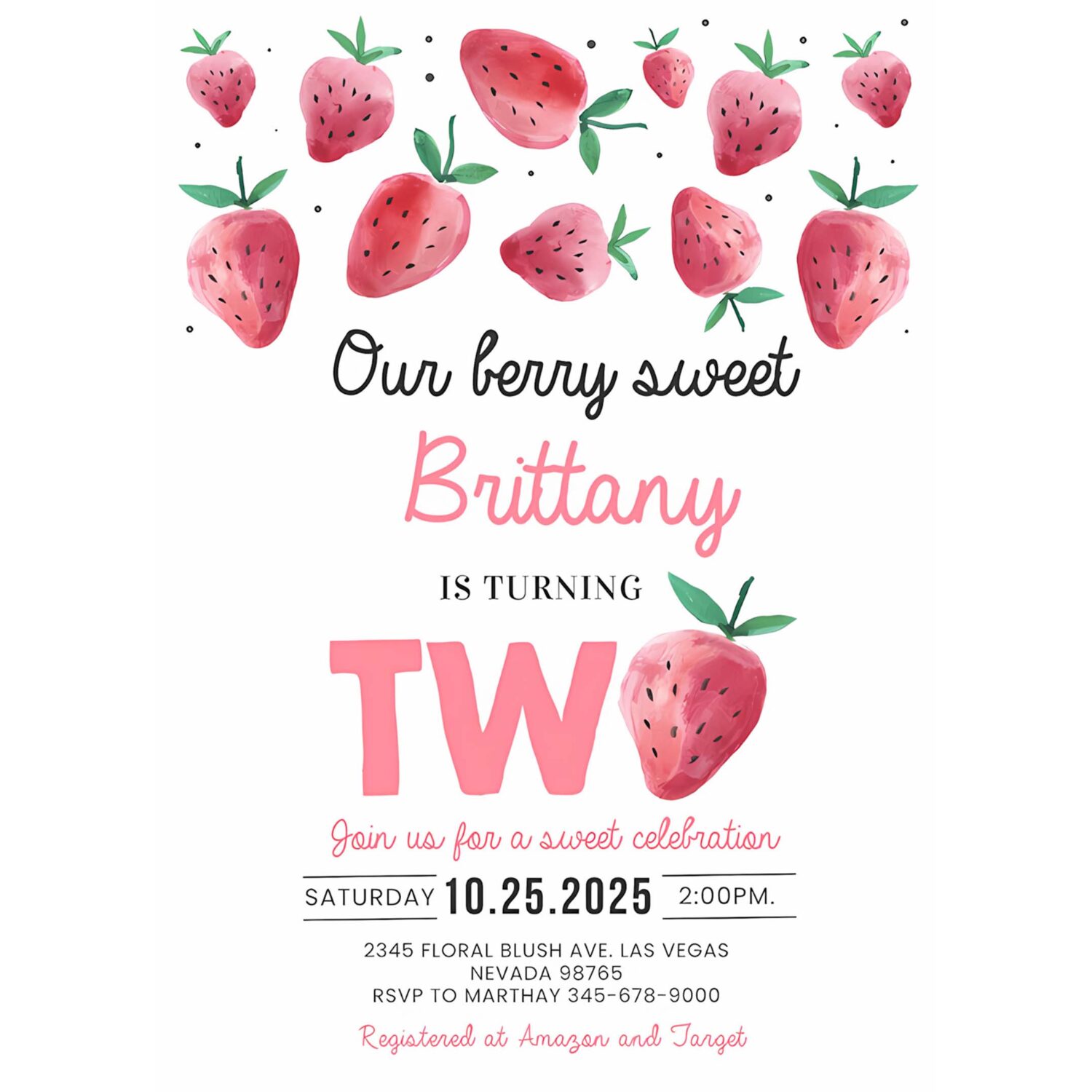 Berry sweet 2nd birthday invitation editable strawberry birthday party invite berry 2nd birthday girl 4
