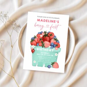 Berry sweet strawberry blueberry first birthday invitation n74k 1