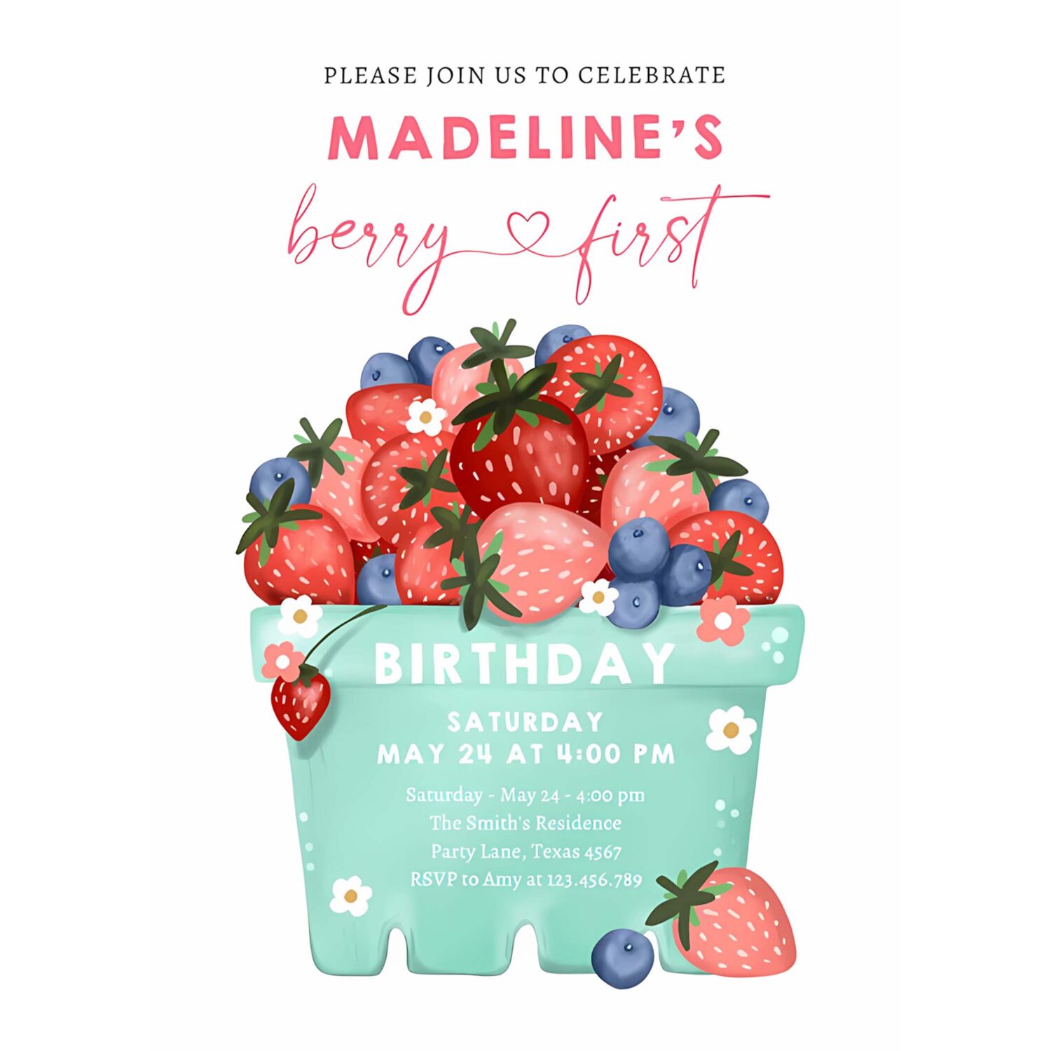 Berry sweet strawberry blueberry first birthday invitation n74k 4