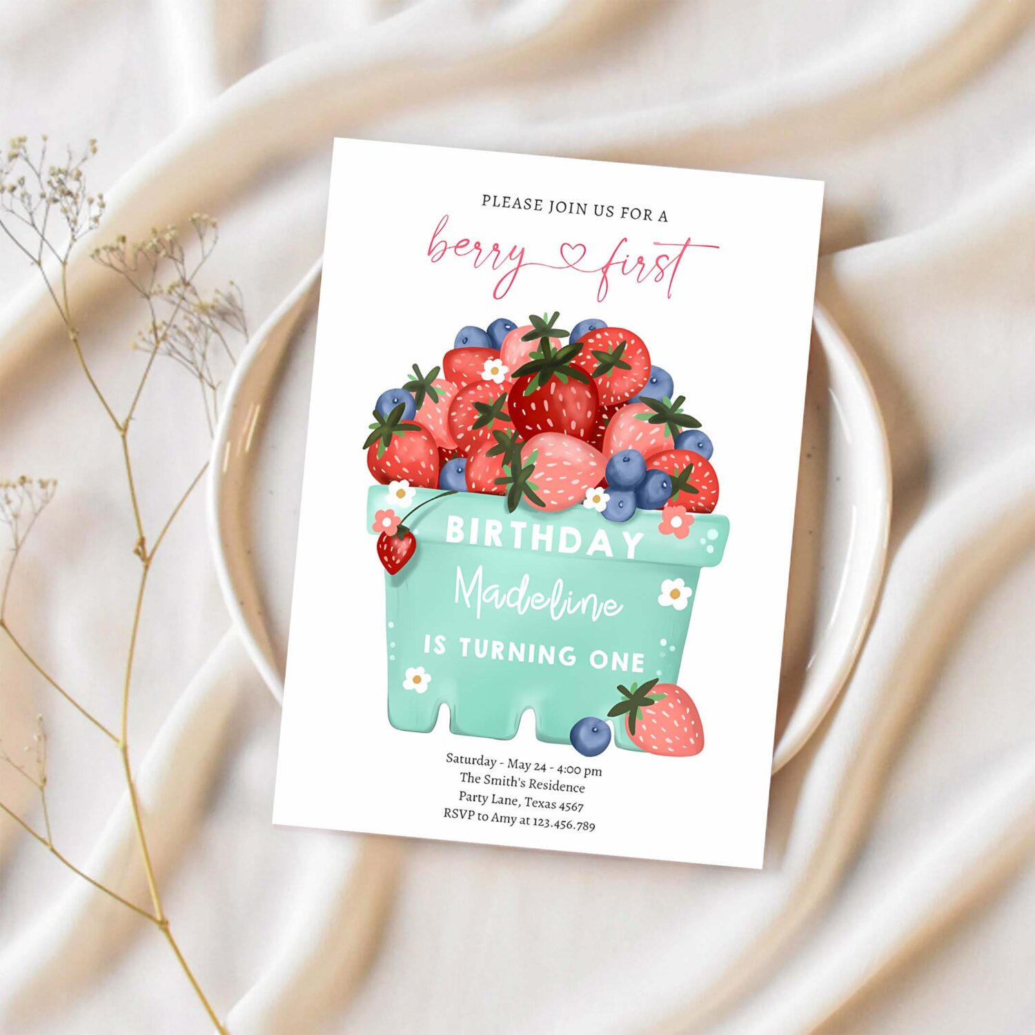 Berry sweet strawberry blueberry first birthday invitation q44m 1