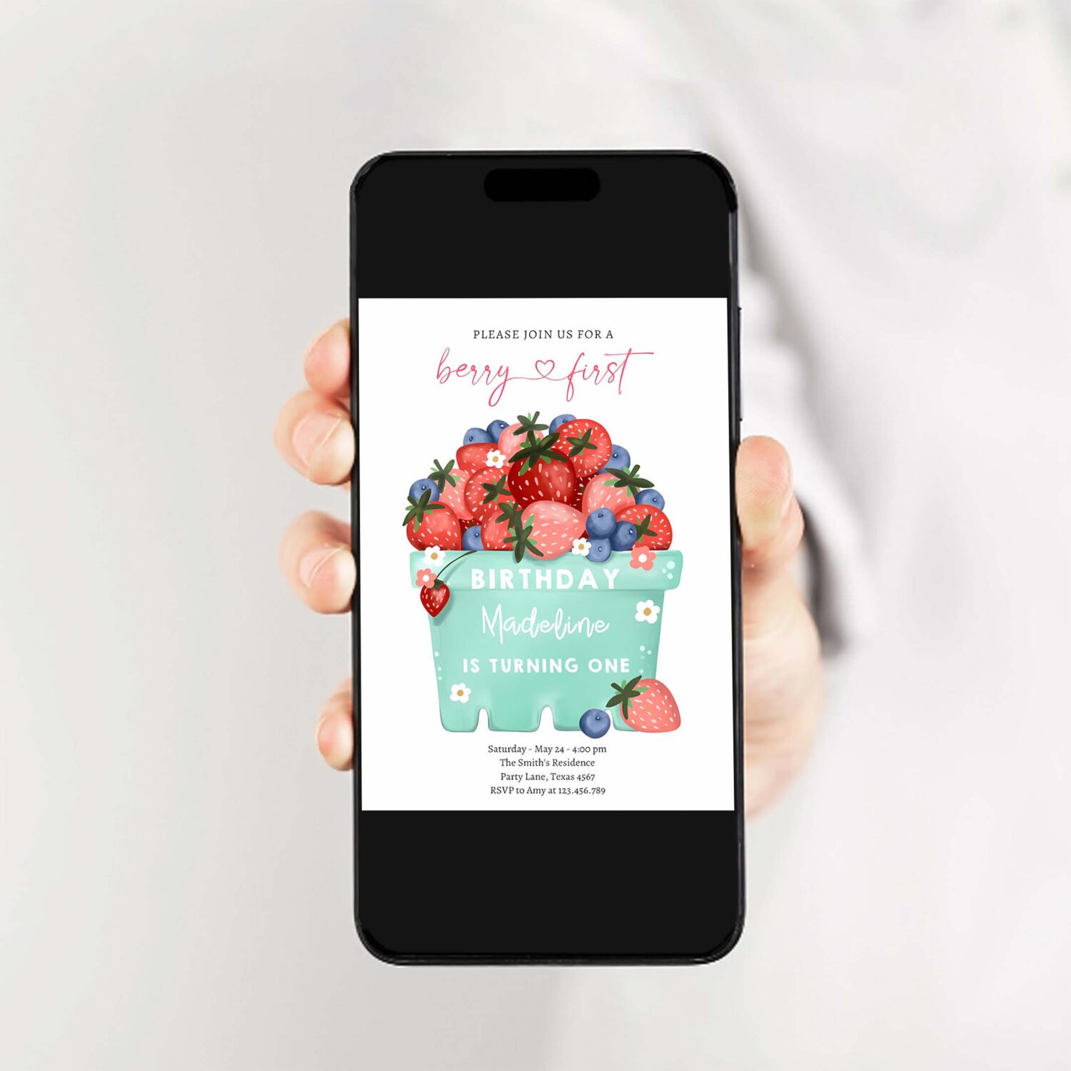 Berry sweet strawberry blueberry first birthday invitation q44m 2
