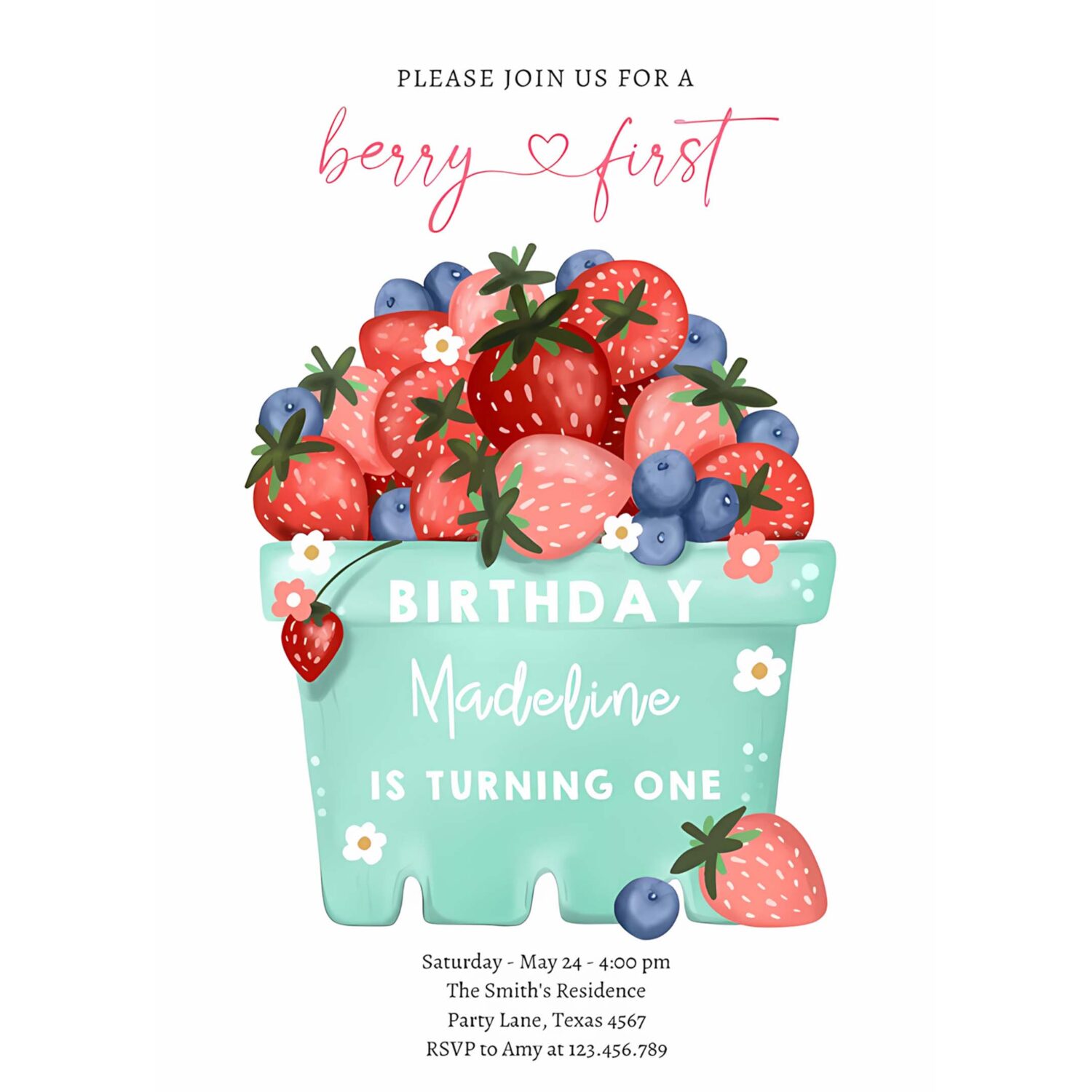 Berry sweet strawberry blueberry first birthday invitation q44m 4