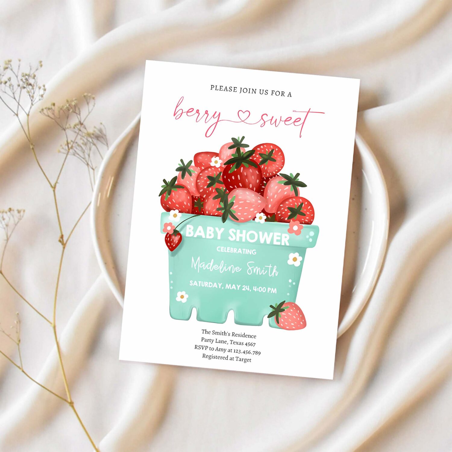 Berry sweet strawberry farmers market baby shower invitation h19t 1