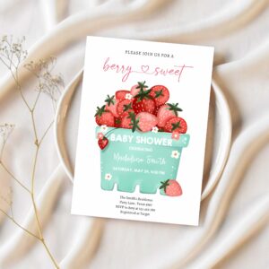 Berry sweet strawberry farmers market baby shower invitation h19t 1