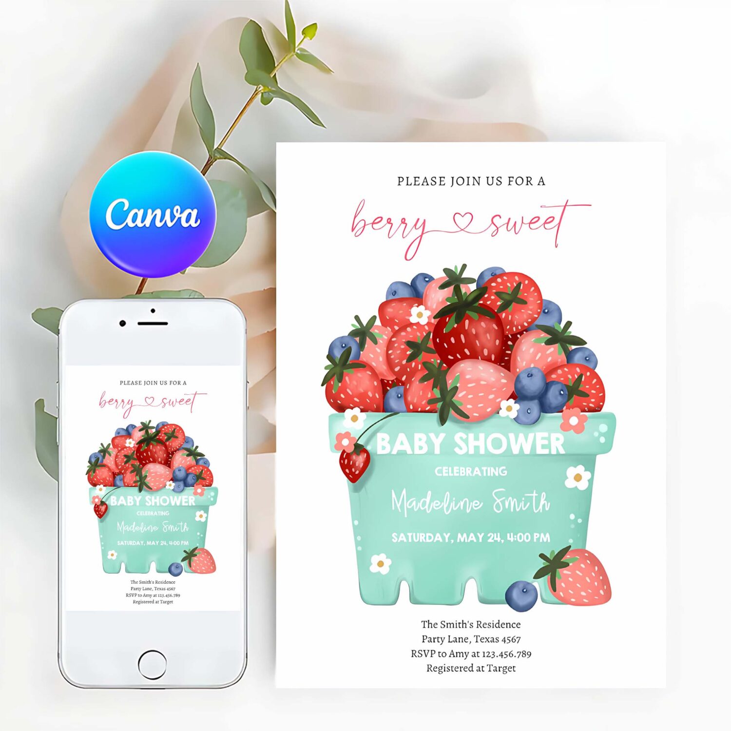 Berry sweet strawberry farmers market baby shower invitation v34n