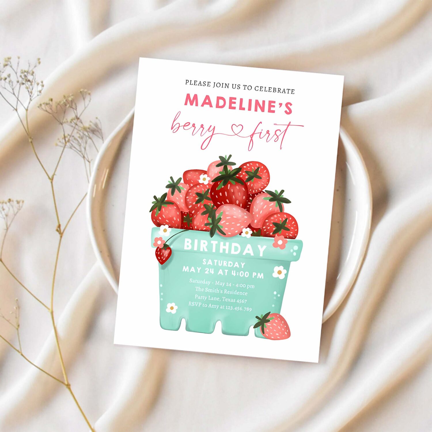 Berry sweet strawberry farmers market birthday invitation p90q 1