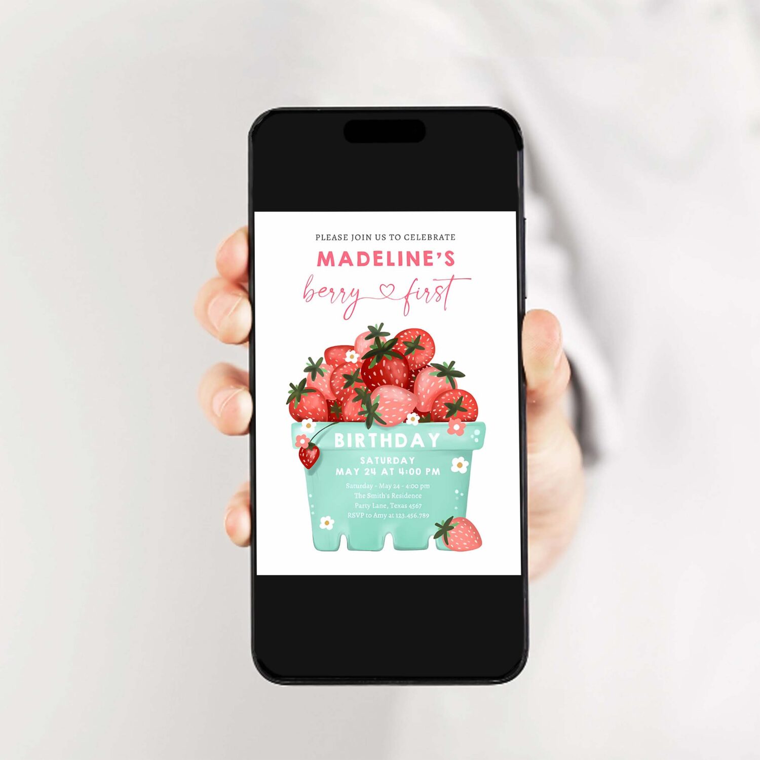 Berry sweet strawberry farmers market birthday invitation p90q 2