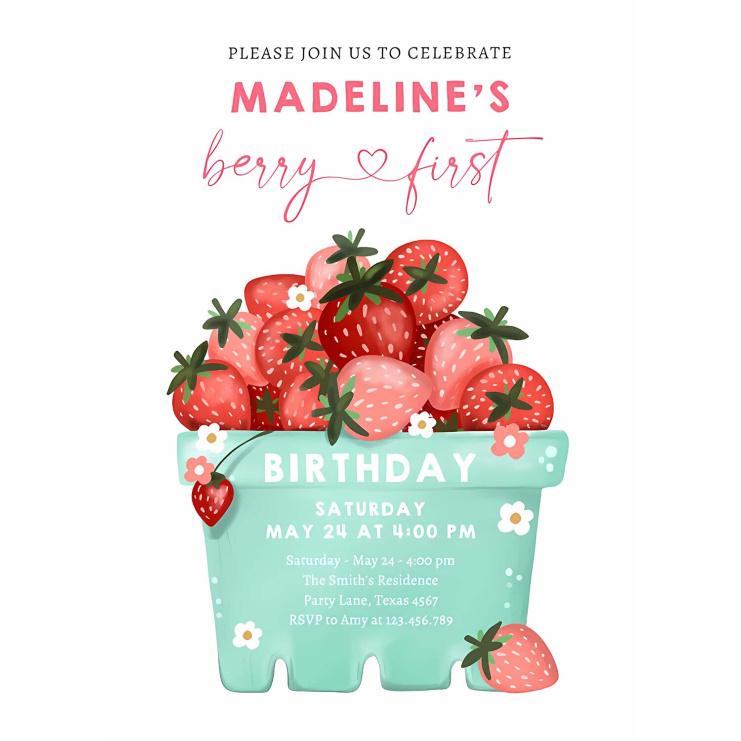 Berry sweet strawberry farmers market birthday invitation p90q 4