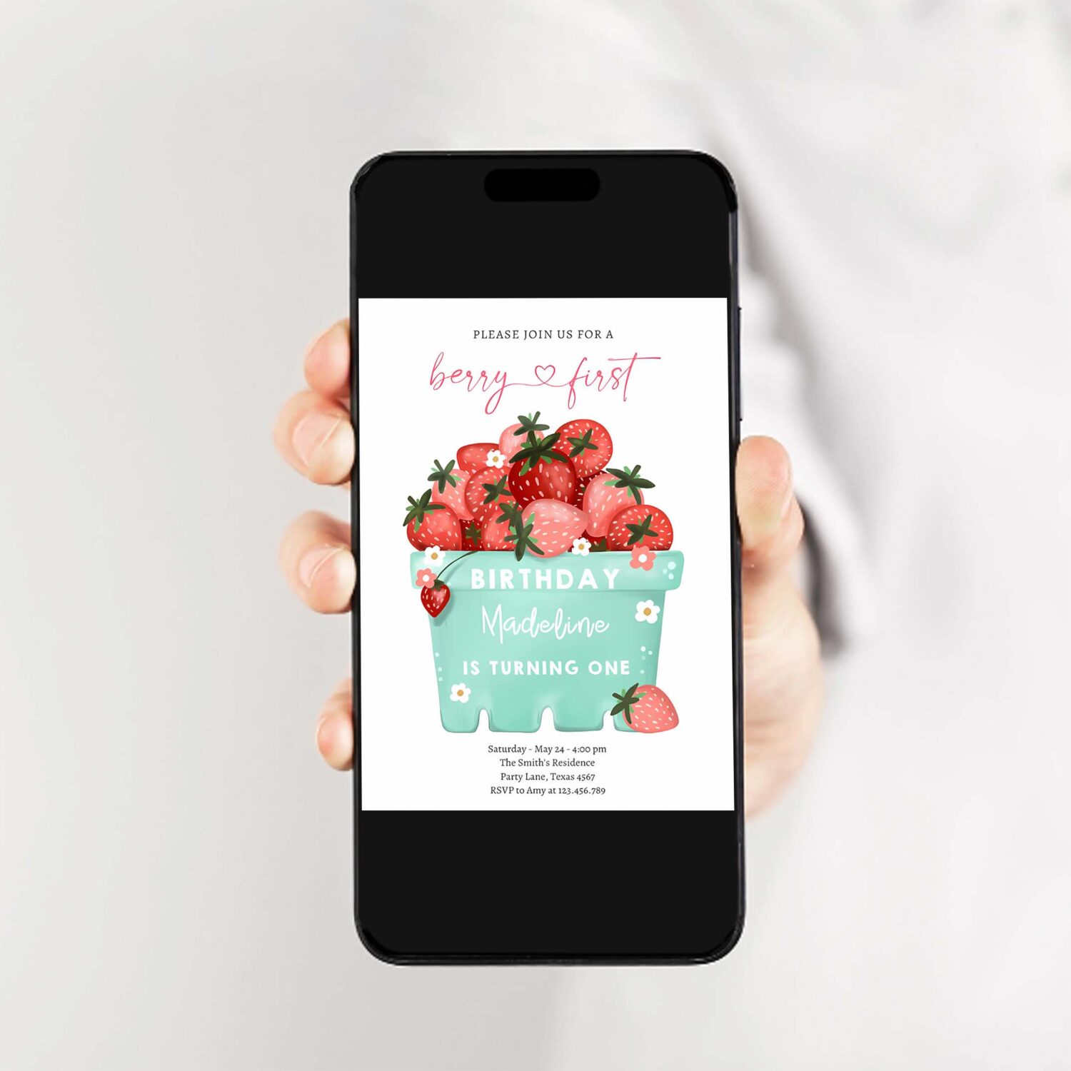 Berry sweet strawberry farmers market birthday invitation r64t 2