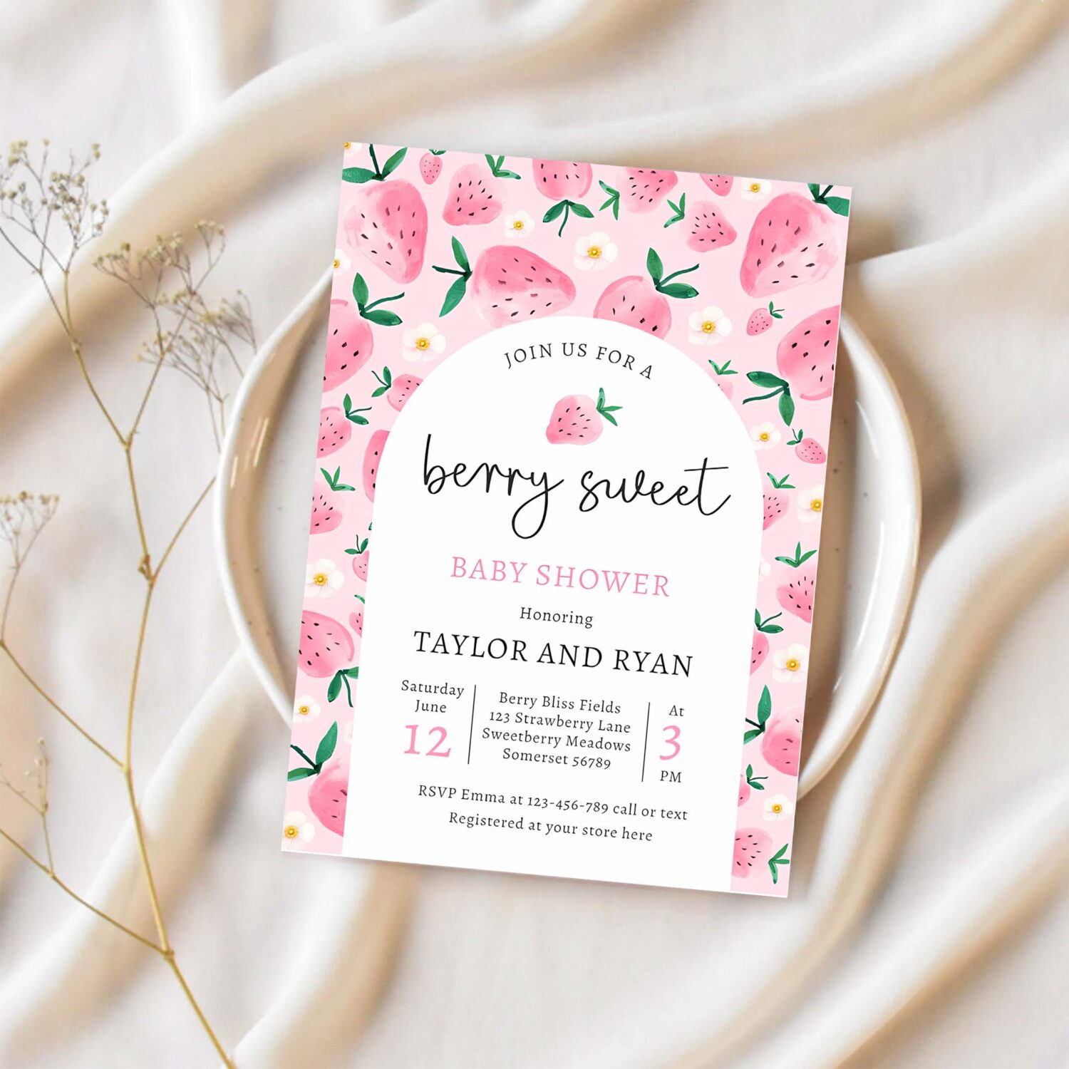 Berry sweet summer strawberry baby shower invitation m77k 1