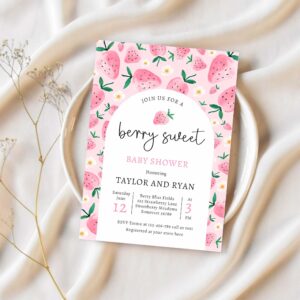 Berry sweet summer strawberry baby shower invitation m77k 1