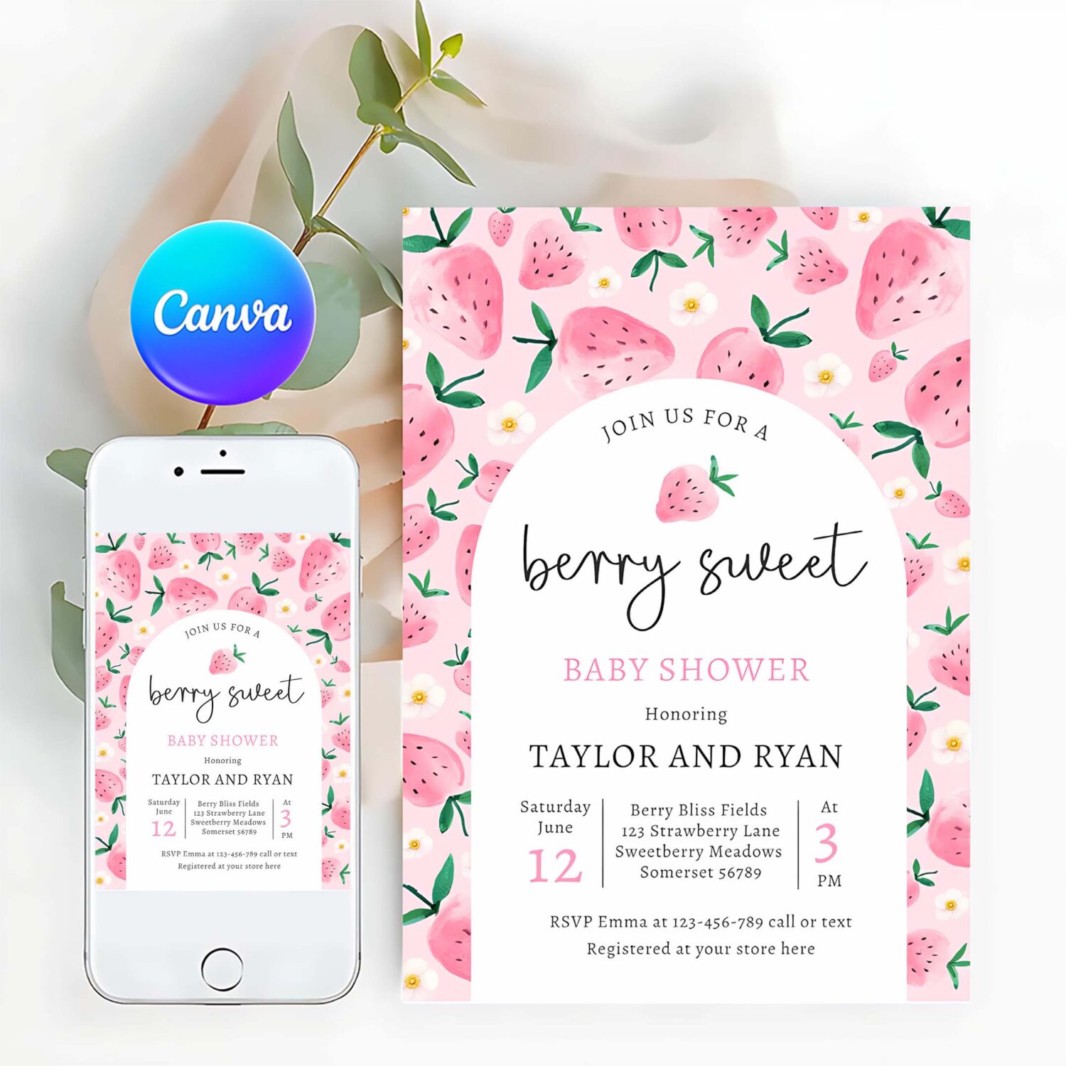 Berry sweet summer strawberry baby shower invitation m77k