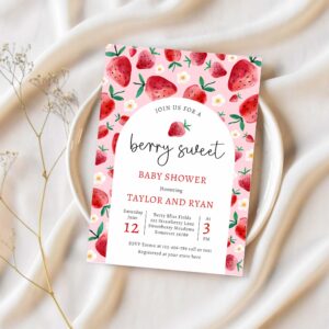 Berry sweet summer strawberry baby shower invitation x87a 1
