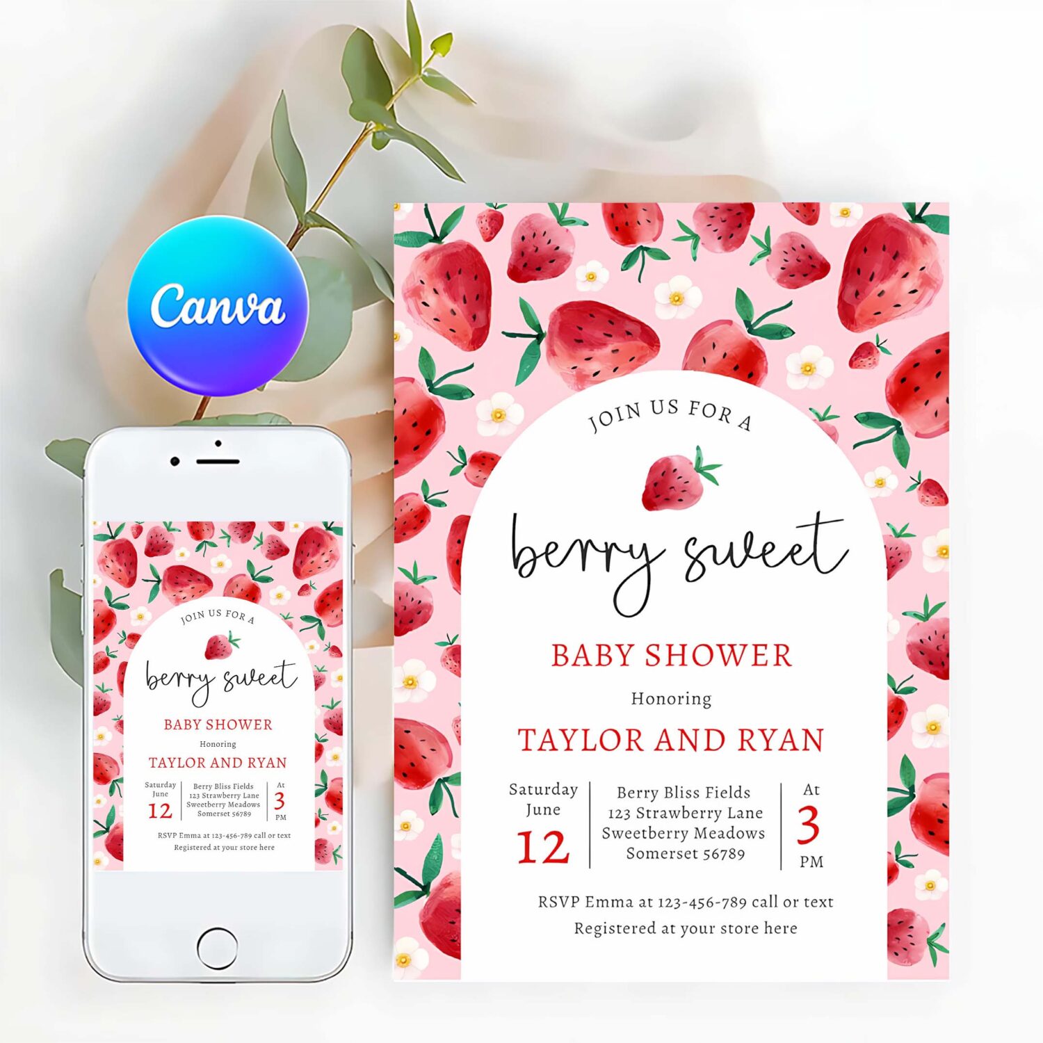 Berry sweet summer strawberry baby shower invitation x87a