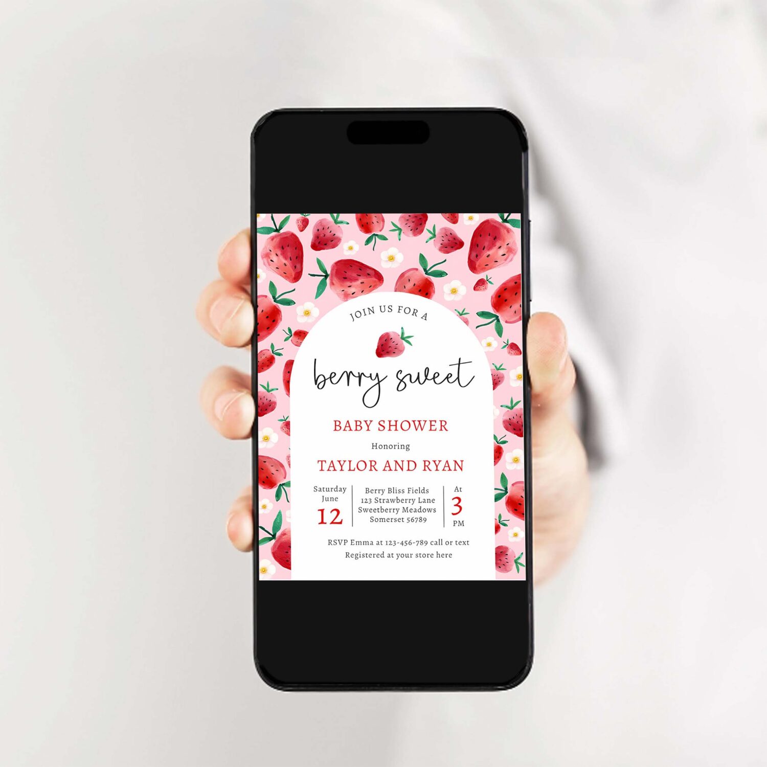 Berry sweet summer strawberry baby shower invitation x87a 2
