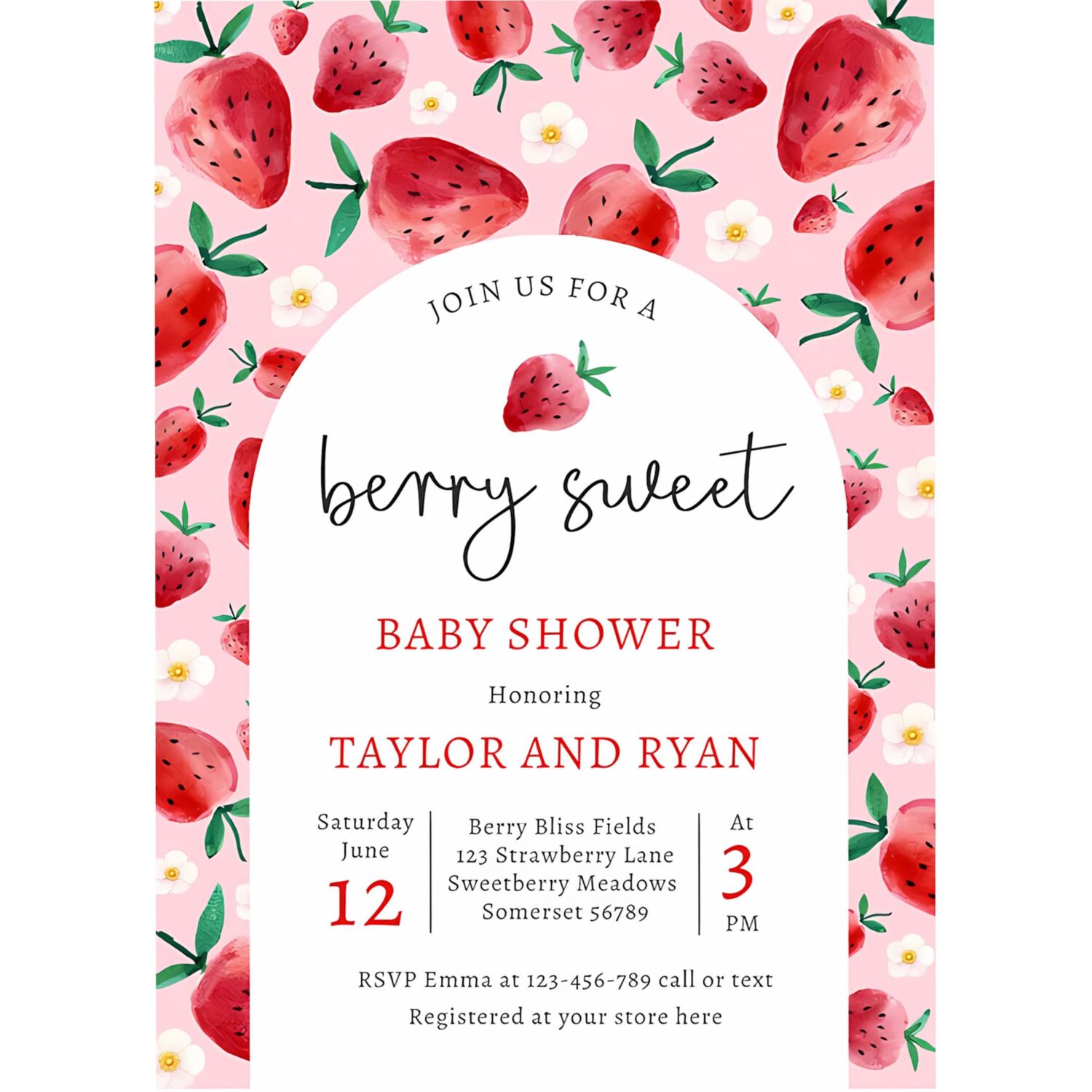 Berry sweet summer strawberry baby shower invitation x87a 4