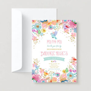 Floral Invitation, Floral Bird Birthday Invitation, Girl Bird Birthday Invitation