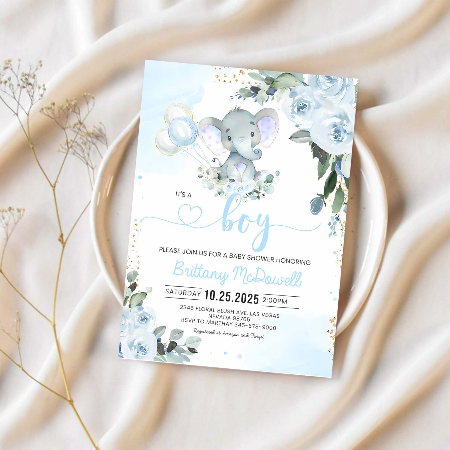Blue elephant baby shower invitation boy baby shower elephant invite 1