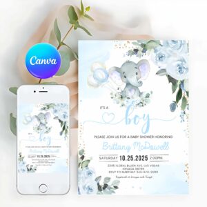 Baby Shower Invitation, Blue Elephant Baby Shower Invitation Boy Baby Shower Elephant Invite
