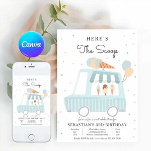 Ice Cream Truck Invitation, Blue Ice Cream Truck Heres The Scoop Birthday Invitation