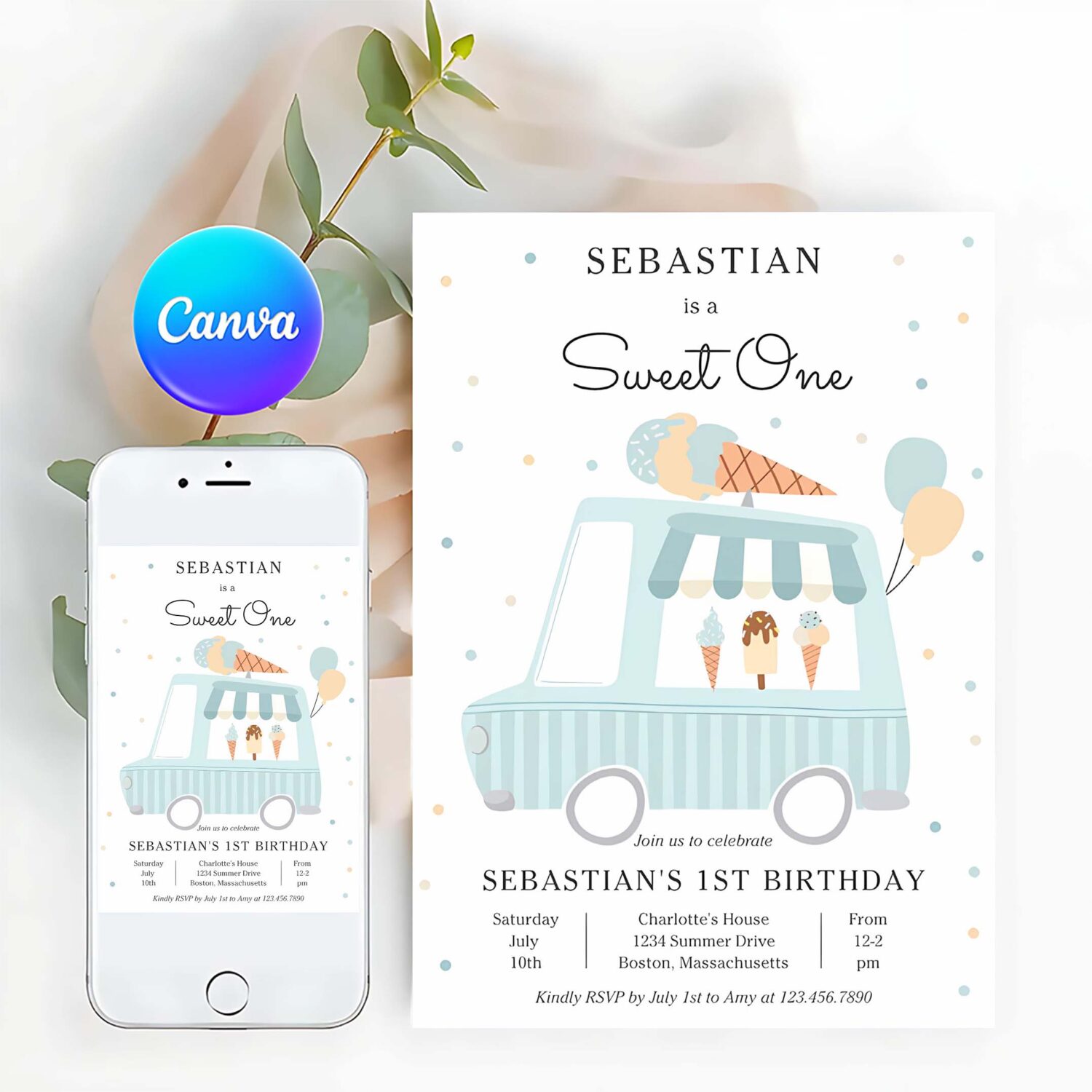 Blue ice cream truck sweet one 1st birthday party invitation h77m