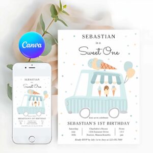 Ice Cream Truck Invitation, Blue Ice Cream Truck Sweet One 1st Birthday Party Invitation