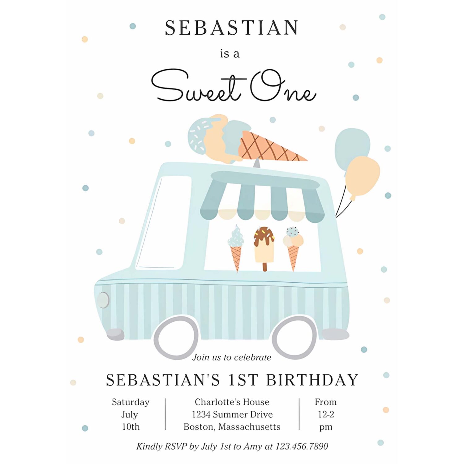 Blue ice cream truck sweet one 1st birthday party invitation h77m 4