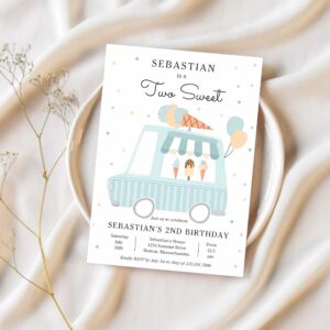 Blue ice cream truck two sweet 2nd birthday party invitation m32m 1