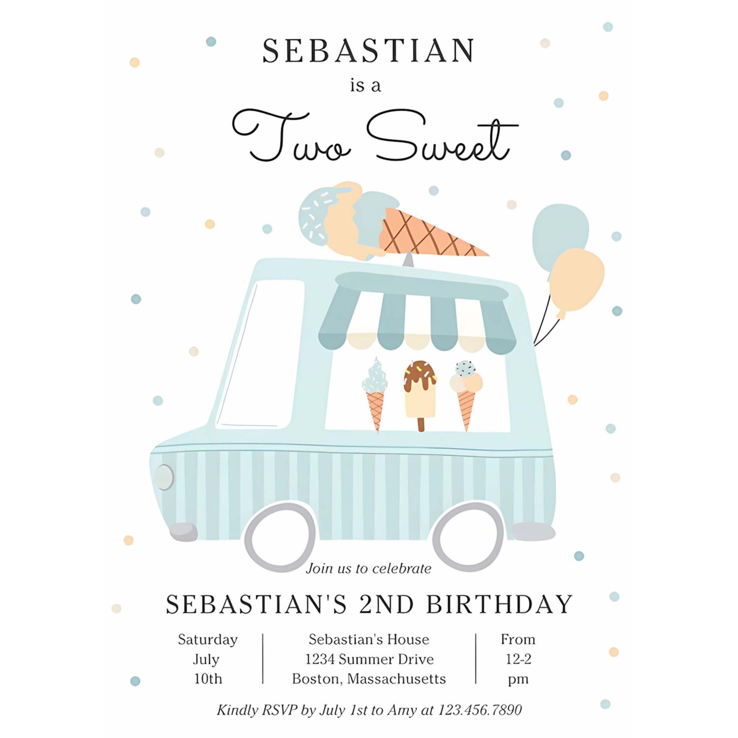 Blue ice cream truck two sweet 2nd birthday party invitation m32m 4