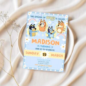 Bluey birthday invitation cartoon bluey pink yellow girl 3rd party birthday invitation bluey party invitation 1