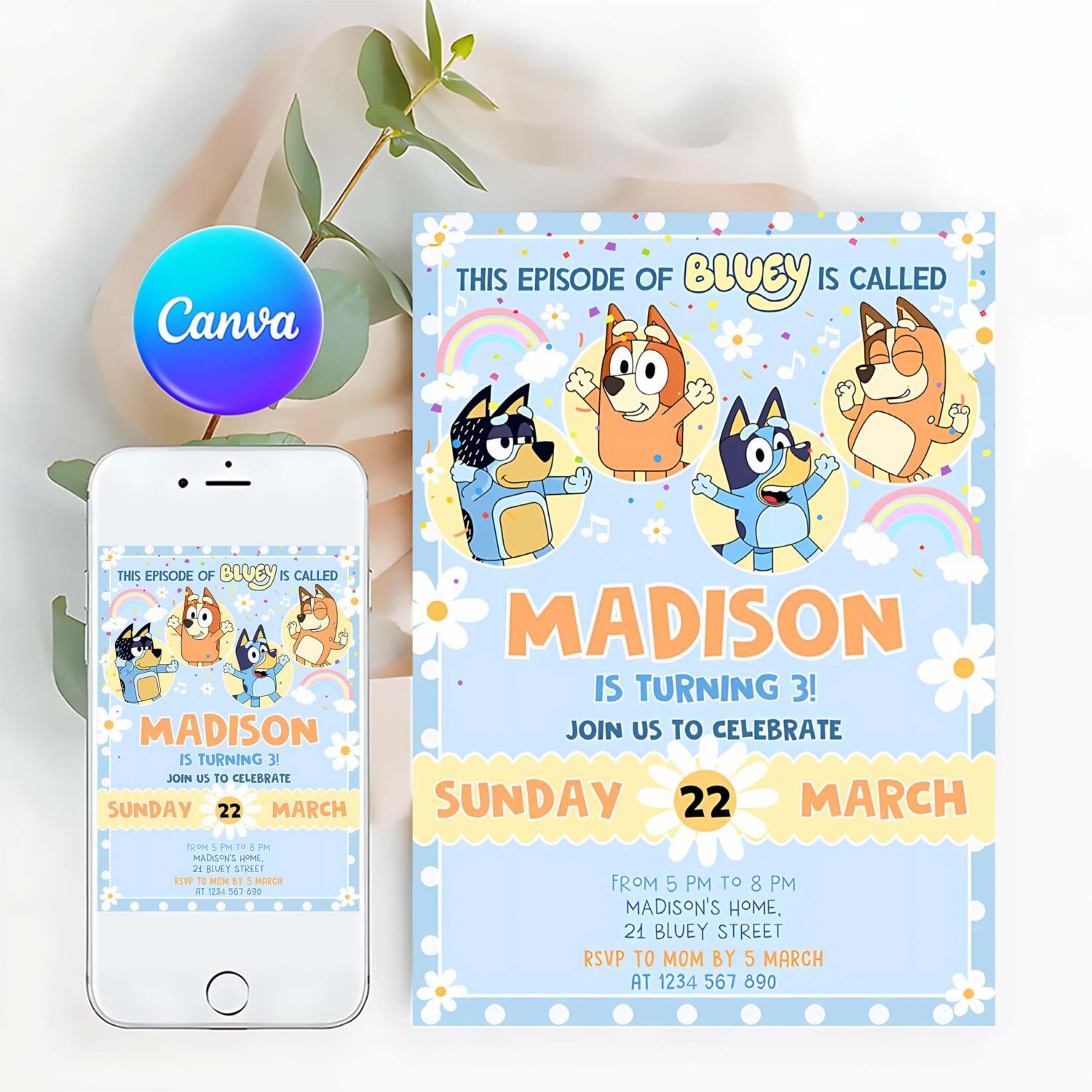 Bluey birthday invitation cartoon bluey pink yellow girl 3rd party birthday invitation bluey party invitation