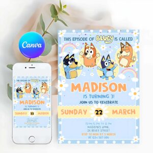Bluey Invitation, Bluey Birthday Invitation, Cartoon Bluey Pink Yellow Girl 3rd Party Birthday Invitation, Bluey Party Invitation