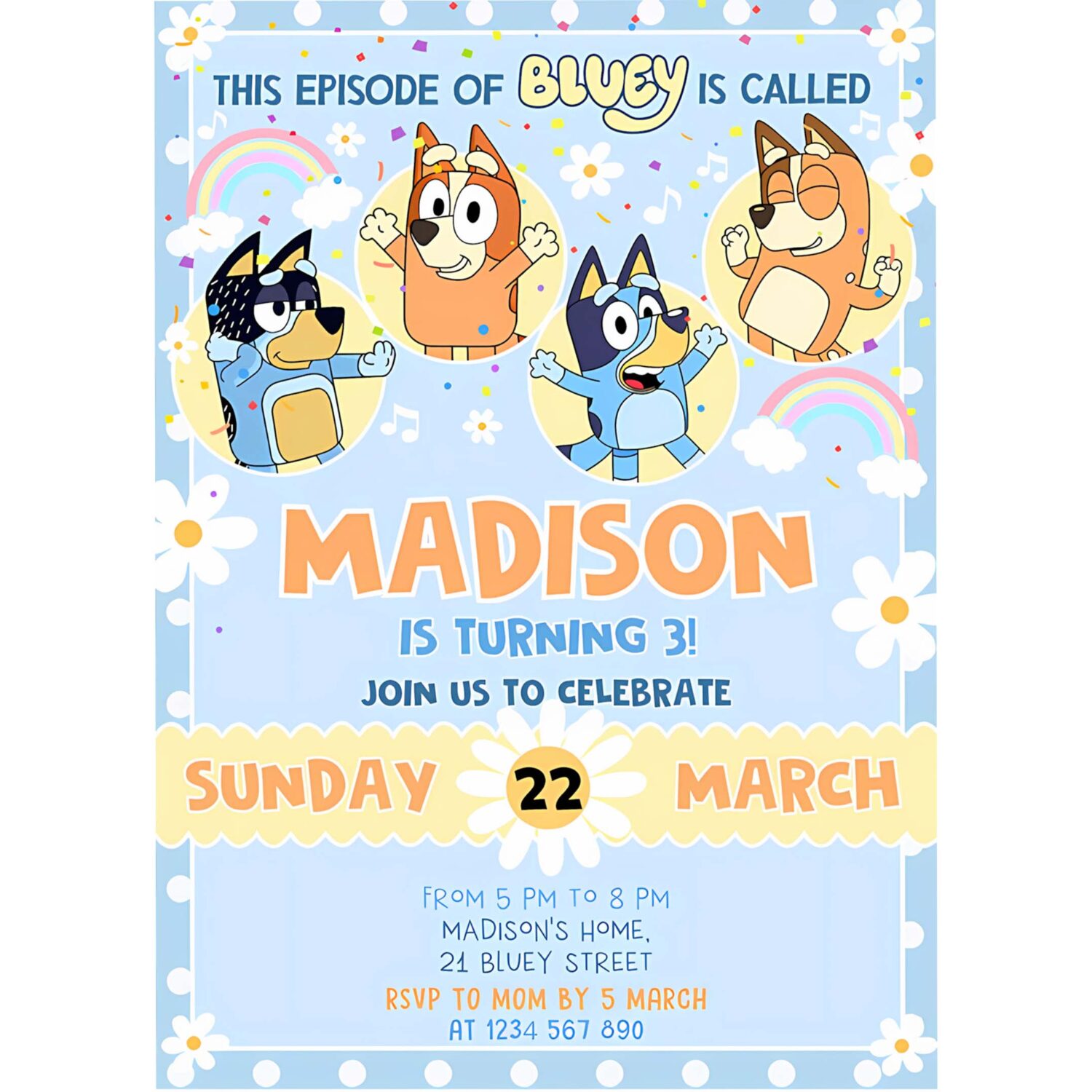 Bluey birthday invitation cartoon bluey pink yellow girl 3rd party birthday invitation bluey party invitation 4