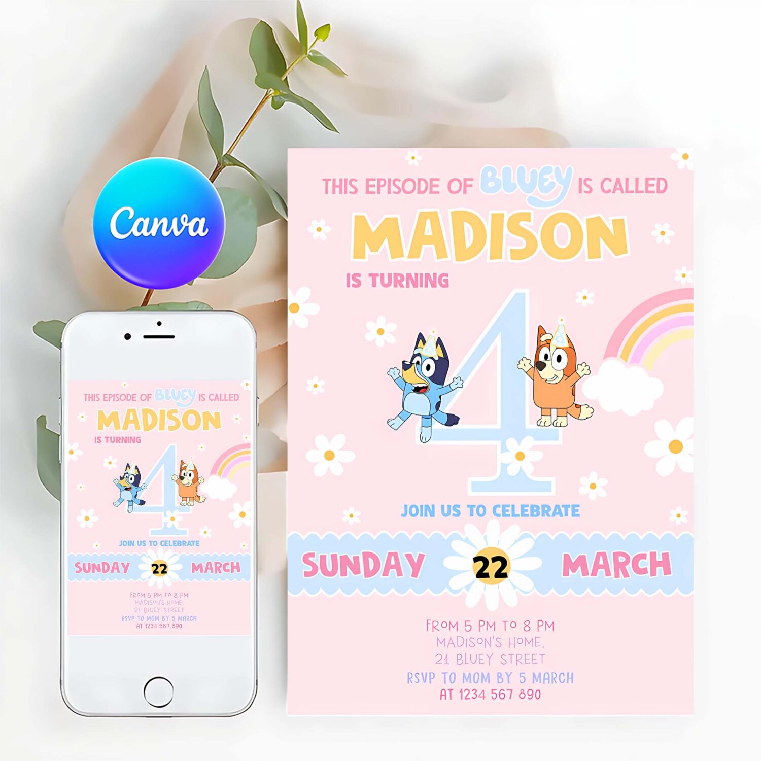 Bluey girl party birthday invitation 4th bluey party invitation party girl invite