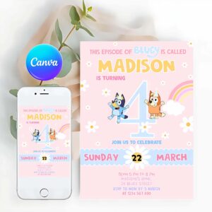 Bluey Invitation, Bluey Girl Party Birthday Invitation, 4th Bluey Party Invitation, Party Girl Invite