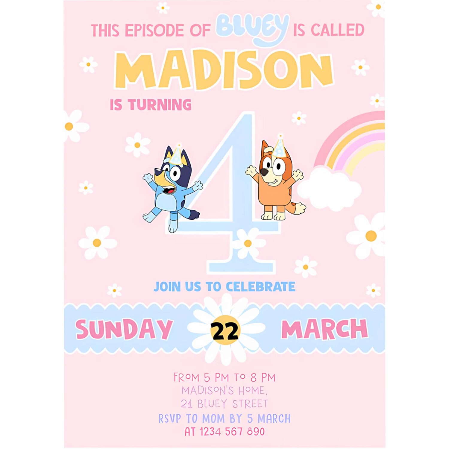 Bluey girl party birthday invitation 4th bluey party invitation party girl invite 4