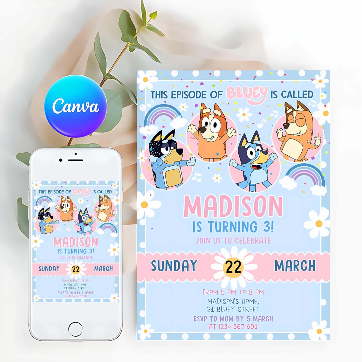 Bluey party birthday invitation 3rd bluey party invitation cute bluey girl party